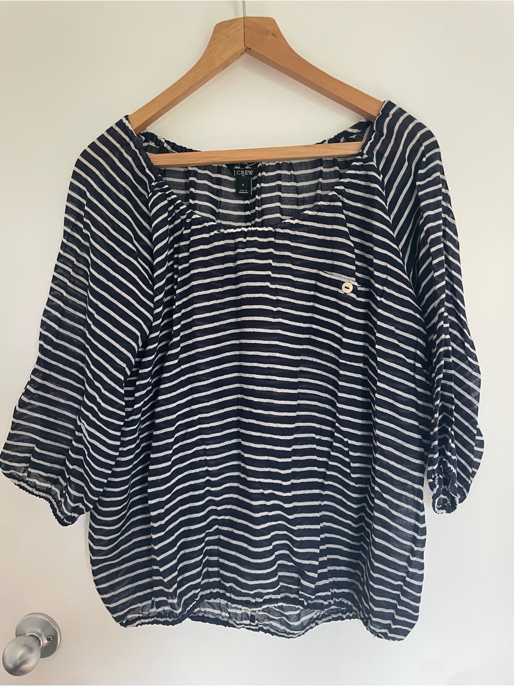 J. Crew Navy & White Striped Peasant Top